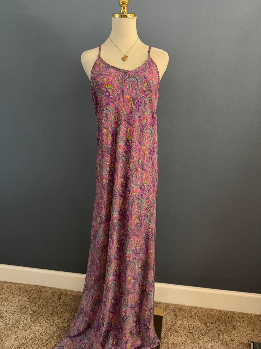 Silky Pink Paisley Print Spaghetti Strap Maxi Dress